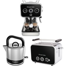 Russell Hobbs Frühstücksserie: Espressomaschine (Siebträgermaschine 15 Bar) + Wasserkocher (1,5l, Schnellkochfunktion) + Toaster (für 2 Scheiben,extra breite Toastschlitze) [Serie Distinction schwarz]
