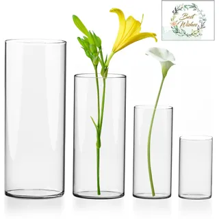 UCAMP Hohe Glasvasen für Tischdeko, Zylinder Vase in 4 Größen, Gläser für Kerzen, Blumen, Kieselsteine, Muscheln & Windlicht Glas, Durchsichtige Glasvase Zylinder, Kerzenhalter