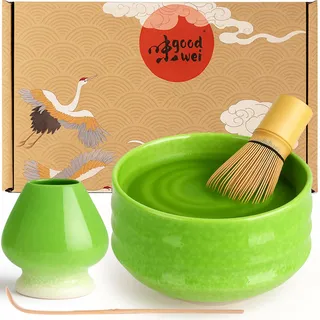 Goodwei Matcha Set komplett mit Matchabesen, Matcha Löffel und Matcha Schale aus Keramik mit Besenhalter im passenden Design | Kunstvoll gefertigte Zeremonieschale Chawan (Midori, 80)