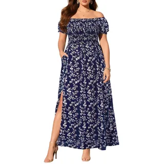 Pinup Fashion Sommerkleider in Übergröße – Boho, lässig, schulterfrei, Blumenmuster, langes Maxikleid mit Taschen, Floral Navy, 50 Mehr