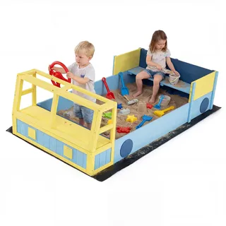 FANTASK Sandkasten aus Massivholz, Spielkasten mit drehbarem Steuerrad & Sitzbank, Stauraum & Bodenplane, im Feuerwehrauto-Design, Kinder-Sandkasten Outdoor