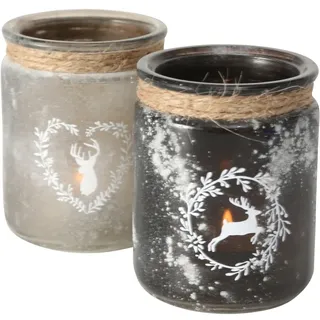 ReWu Windlicht Hirsch Kerzenhalter Teelichthalter Hirsch-Motiv Glas Matt Kerzenhalter 2-er Set Beige Grau Wohndekoration Dekoration Tischdekoration 8 x 10 cm