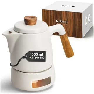 MiaMio - Teekanne mit Stövchen Set / 1L / 1000 ml Tee Kanne mit Siebeinsatz und Deckel für losen Tee - Geschenk für Damen/Teeliebhaber (Weiß)