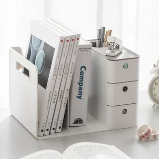 HKeeper Klassischer Schreibtisch-Organizer aus weißem Kunststoff, 2 Bücherhalter mit 3 Schubladenboxen, 1 Stifthalter (Weiß + Khaki)