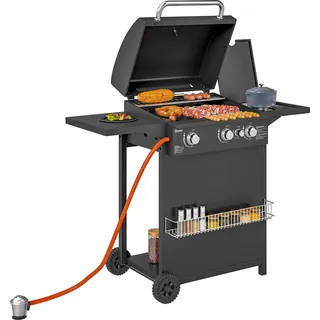 Outsunny Gasgrill 9,5 KW Grillwagen inkl 4 Brenner Seitenkocher Rolle Deckel - Schwarz