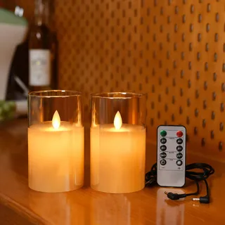 Lonkenn 2er-Pack Wiederaufladbare LED-Kerzen, Flammenlose Kerzen Kerzenlicht mit Fernbedienung, Flackern Kerzen, Batteriebetriebene Stumpenkerzen in Glas, 12.5 cm in Braun (Ladekabel Inklusive)