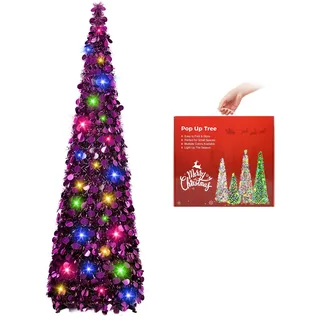 N&T NIETING Künstlicher Weihnachtsbaum mit Beleuchtung, Pop Up Weihnachtsbaum 150cm, Pailletten Weihnachtsbaum künstlich Weihnachtsdeko für Weihnachten, Partybedarf, Haus Dekoration, Dunkelviolett