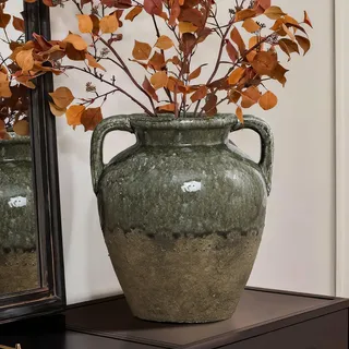 Hometopia Große Vase 29 cm, Vintage Amphore Moosgrün aus Steinzeug | Zweifarbig glasiert mit Naturstein-Optik und Henkeln – handgefertigte Deko für Herbstzweige, Trockenblumen und Wohnräume