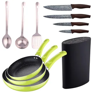 3-teiliges Bratpfannen-Set (20 + 24 + 28 cm) grun gepresstes Aluminium mit 3 Stuck Kuchenutensilien Edelstahl mit 4 Messern, Edelstahl mit Tacoma