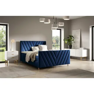 Boxspringbett Schlafzimmerbett CARLITO 200x220cm in Stoff Fresh Dunkelblau - Blau