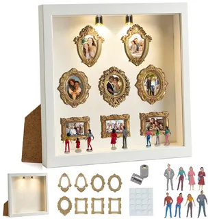 YOUYIKE Mini Museum Bilderrahmen mit LED Licht, DIY Weißer Rand Museum of us mit 8 Mini Gold Kleine Bilderrahmen & Miniatur Figuren für Wohndekoration Hochzeit Geschenk Jubiläum