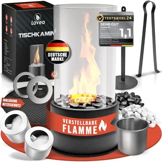 Tischkamin Ethanol Tischfeuer Indoor & Outdoor - Bioethanol Tischkamin Mit Verstellbarer Flamme - 2 Brennkammern für unendliche Brenndauer - Bio Ethanol Kamin mit Zwei Steinarten - Balkon Gartendeko