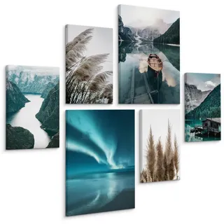 Muralo Leinwandbilder 6-er Set Pflanzen Natur , Blau, Grün, Schwarz, Weiß, Beige, Braun, Türkis, Grau , Textil , Landschaft/Berg, Baum/Pflanze/Natur, Wasser/Strand/Meer , Rechteckig , 90x80 cm , Bilder & Rahmen, Bilder