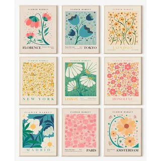 Blumenmarkt-Poster-Set, abstrakte Blumenmarkt-Wandkunstdrucke, Vintage, bunte Blumen-Wandkunst, minimalistische Stadt- und Blumenmalerei, Boho-Raumdekoration (6 Stück) 20.3X 25.4 cm, ungerahmt)