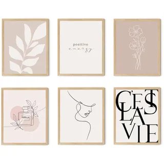 twodays Vanilla Girl Room Decor, Clean Girl Ästhetische Wandkunst, Boho-Poster für Schlafzimmer, minimalistische cremefarbene Drucke, abstrakte braune Bilder für Mädchen (20,3 x 25,4 cm, 6er-Set,