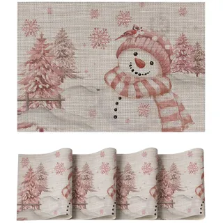 Artoid Mode Rosa Schneemann Weihnachten PVC Platzsets 4er Set, 30x45cm Winter Tischsets Schmutzabweisend Hitzebeständig Platzdeckchen Küche Deko