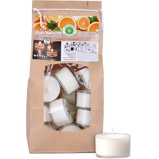 Wenzel Teelichter Duftkerze – 18 Duftteelichter Sweet Orange Duft - 7 h Brenndauer - 100% Naturwachs, Palmölfrei, Ohne Alu – Raumduft & Deko-Kerzen für Zuhause, Bar, Restaurant, Outdoor, Events