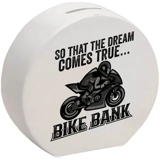 Bike Bank Spardose mit Spruch und Motorrad in schwarz So That The Dream Comes True Bike Bank EIN dekoratives Sparschwein zum Sparen auf EIN Moped Biker Sparbüchse Führerschein