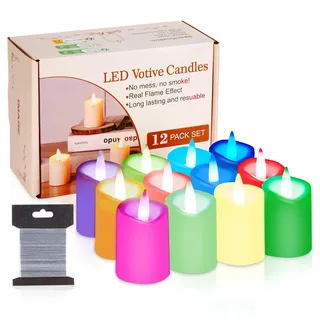 IMAGE 12 Stück Votivkerzen batteriebetrieben 3D Docht Elfenbein LED-Kerzen, flammenlose Votivkerzen mit Timer, Flackernde flammenlose Kerzen Haus Party Weihnachtsdeko RGB bunt