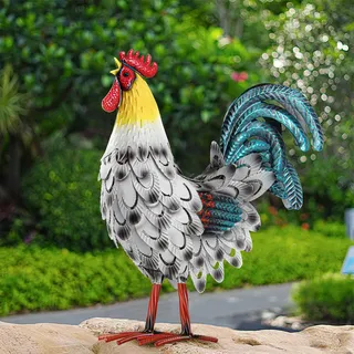 Velibobo Metall-Hahn Außenstatue, Garten Huhn Dekoration, Hahn Hof Kunst Skulpturen für Küche Bauernhof Hinterhof Rasen Dekor (Weiß)