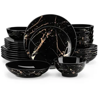 LOVECASA Tafelservice porzellan, Serie Daphne, SWEET 24-teiliges Kombiservice Set, Ess Geschirrset mit Goldspritzer Design, Speiseteller, Dessertteller, Müslischalen und Suppenteller für 6 Personen