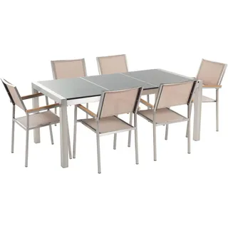 Beliani Gartenmöbel SET 6-Sitzer Granit grau poliert Textilbespannung beige Grosseto , Metall , Gartenmöbel, Gartengarnituren, Gartenmöbel-Sets