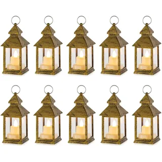 NUPTIO Laterne Kleine Weihnachten Deko - 10er led Teelichter Gold Mini Laternen für Draußen Flackernde Teelicht Kerzen Orientalische Halloween Garten Ramadan Hochzeit Tischdeko