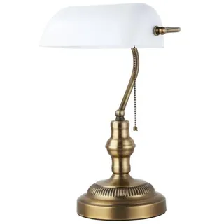 B·LED BARCELONA LED BarcelonaLED Vintage Notar Stil Banker Tischlampe Retro Messing Kupfer mit weißem Glasschirm E27 Kettenschalter für Schreibtisch Büro