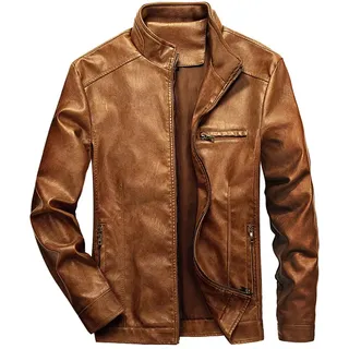 WULFUL Herren Stehkragen Lederjacke Motorrad Leichte Kunstleder Outwear Large Braun