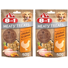 8in1 Meaty Treats, gefriergetrocknete Hunde Leckerlis mit Huhn & Karotte, getreidefrei und ohne Zucker, 50 g Beutel (Packung mit 2)