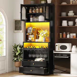 Flieks 180cm Hochschrank mit gewölbten Glastüren, LED-Beleuchtung, Küchenschränke mit einstellbare Böden, Weinregal, USB-Anschluss, Sideboard, Schwarz - Schwarz