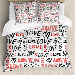 ABAKUHAUS Valentines Bettbezug, Hand gezeichnet Doodle, Milbensicher Allergiker geeignet mit Kissenbezügen, 200 cm x 200 cm - 80 x 80 cm, Schwarz, Rot, Weiß - Schwarz