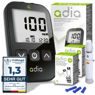 diabetikerbedarf adia Diabetes-Set: Blutzuckermessgerät (mg/dl) mit 110 Blutzuckerteststreifen Set 1 St