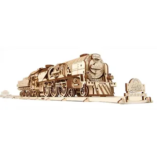 UGEARS V-Express-Dampfzug mit Tender – Bausatz Holzpuzzle Erwachsene 3D, 3D-Holzpuzzle Modellbausätze für Erwachsene, Holzmodellbausätze, 3D Puzzle Erwachsenes, Wooden Puzzle Modellbausatz