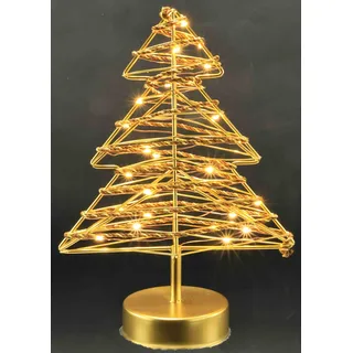 Leuchtfigur Tannenbaum aus Metall & Kordel auf Sockel | LED Christbaum warmweiß | Batteriebetrieb 3xAAA | Mit Timer | Gold | Weihnachtsdeko Baum Lampe Tischdeko | 28x20x9 cm | Geschenkidee | Dekofigur