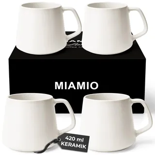 MIAMIO - Kaffeetassen 4er-Set/Kaffeebecher Keramik (420 ml) groß, Tassen Set für Cappuccino, Tee, Espresso - Mikrowellen- und Spülmaschinenfest - Luxe Kollektion (Weiß)