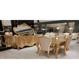 JV moebel Luxus Garnitur Set 9tlg. Esszimmer Esstisch Stuhl Kommode Spiegel Ess Tisch Neu gold