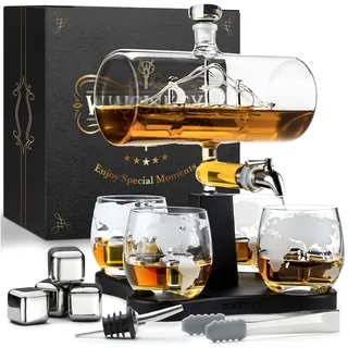 WHISISKEY Whiskey Karaffe Set - Whiskey Geschenkset - Geschenke für Männer - Männergeschenke Geschenk - Geburtstagsgeschenk Mann - Schiff Dekanter 1100ML, Geschenkbox, 4 Whisky Gläser, 4 Whisky Steine