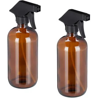 Relaxdays Sprühflasche Glas, 2x 500 ml, Set, nachfüllbar, Nebel & Strahl, Haarpflege, Reinigung, Zerstäuber, leer, braun