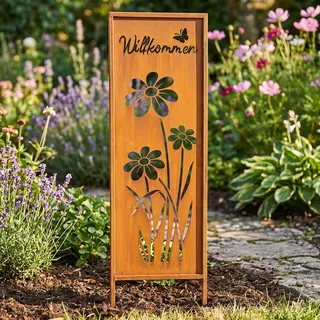 Gartenstecker Willkommen H83cm Stele Rost Rostdeko Braun Schmetterling Garten-Deko Gartenstecker Gartenstele Edelrost Gartenschild Blume - Braun