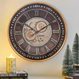 CLXEAST 61 cm Wanduhr mit echten beweglichen Zahnrädern, übergroße große industrielle Steampunk-Wanduhr, antike goldene große römische Ziffer, leise Metall-Wanduhr für Wohnzimmerdekoration, Büro, Bauernhaus
