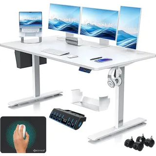 Kesser KESSER® Schreibtisch elektrisch & Ergonomisch Stehen & Sitzen 3-Memory 360° Rollen USB-Ladeanschluss 160x70cm Weiß | Weiß