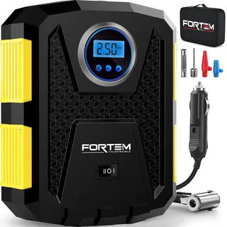 FORTEM Tragbarer Kompressor Autoreifen, Kompressor Fahrrad, 12V Autoreifen Pumpe und Fahrradpumpe Elektrisch mit LED-Licht - Digitaler Reifendruckmesser Automatische Pumpe/Abschaltung, Tasche