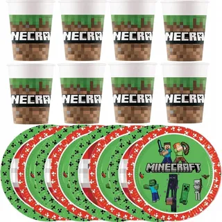 MINECRAFT Pixel Set Pixel TNT Spiel Teller Becher Geburtstag 16Stk.