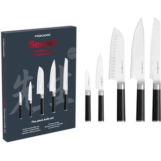 Fiskars Messer-Set, Sensei, 5-teilig, Kochmesser, Brotmesser, Santoku-Messer, Gemüsemesser, Schälmesser, Rostfreier Stahl mit hohem Kohlenstoffgehalt/Kunststoff, 1025845, Schwarz