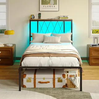 IRONCK Bett 90x200 mit LED Beleuchtung, Bettgestell 90x200 mit Steckdose, 1 USB, 1 Typ-C-Anschlüsse, Metallbett mit Kopfteil und Stauraum, Jugendbett, Einzelbett mit Metal Lattenrost
