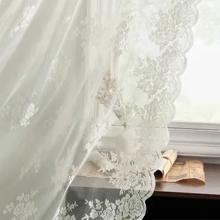 Kotile Elfenbeinfarbene Spitzenvorhänge, 244 cm lang, Landhaus-Blumenmuster, Vintage-Spitzen-Fenstervorhänge für Wohnzimmer, hochwertige gewellte, durchscheinende Spitzenvorhänge, 132 x 244 cm, 2