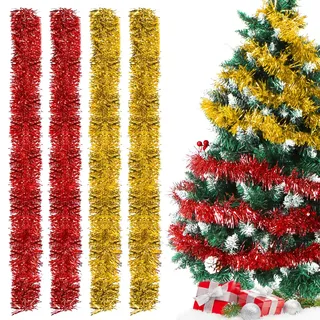 Weihnachtsgirlanden Rot Gold, 4pcs Lametta Girlande, 2m Lametta Weihnachtsbaum Rot Gold, Lametta Girlande Weihnachten, Weihnachtsdeko Lametta für Weihnachtsbaum, Geburtstagsparty Deko