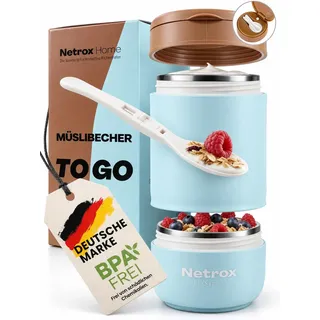 Netrox Müslibecher To Go mit Löffel, Joghurtbecher aus Edelstahl | Auslaufsicherer Lunchbox-Becher, To Go Becher für Müsli, Joghurt, Porridge, Suppen, Müsli To Go Becher für Kinder