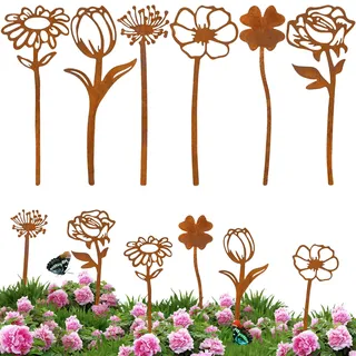 VAIAV Gartenstecker Metall Gartendeko Rost Blumenstecker Rost Deko Roststecker Garten Rostdeko für Outdoor Hof Rasen Garten Dekoration(6 Stück)
